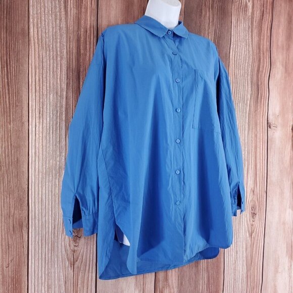 Eileen Fisher Womens Size Medium Blue Organic Cotton Oversized Button Up Shirt - Picture 3 of 14